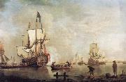 Thomas Mellish The Royal Caroline in a calm estuary flying a Royal standard and surrounded by an attendant barge and other small boats USA oil painting artist
